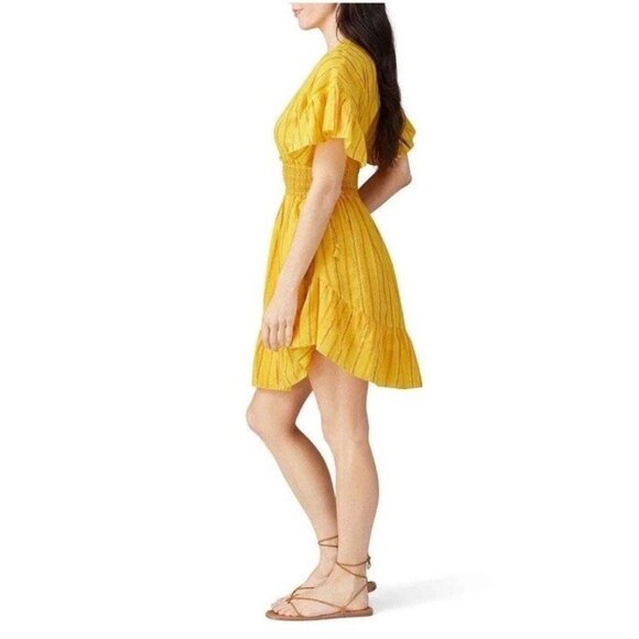 Saylor Adrianne Yellow Metallic Stripe Smocked V-Neck Mini Dress Size M - Picture 2 of 13